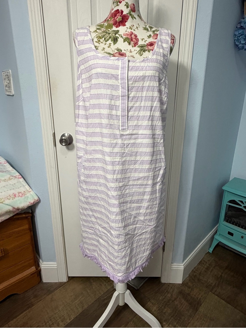Southern Tide Lavender & White Striped Fringe-Hem Sleeveless Midi Dress